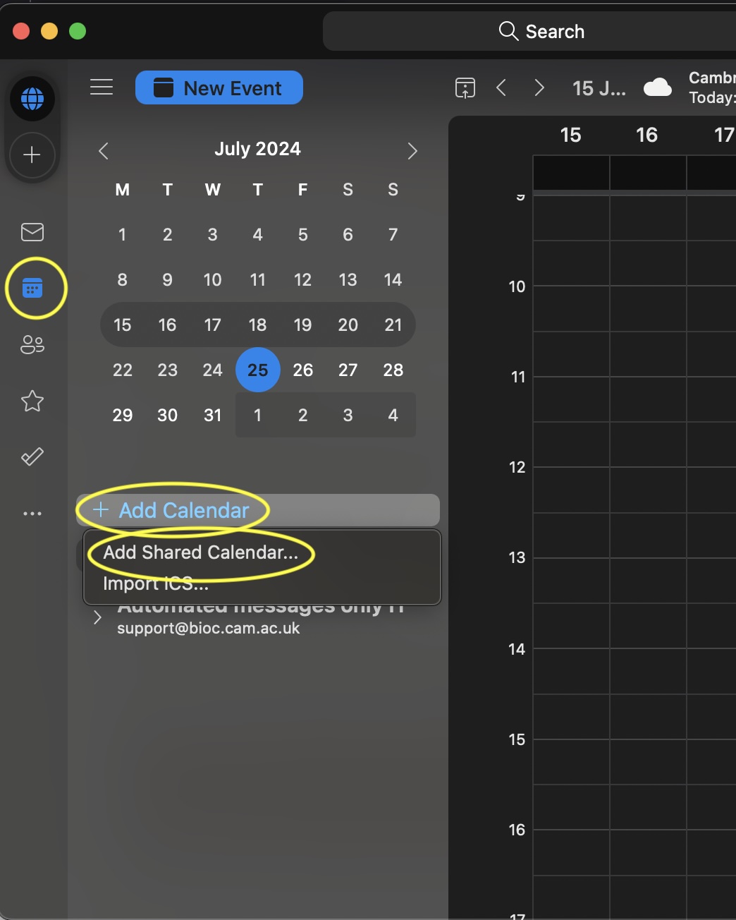 In Outlook, Click on the Calendar icon, Add Calendar, Add Shared Calendar...
