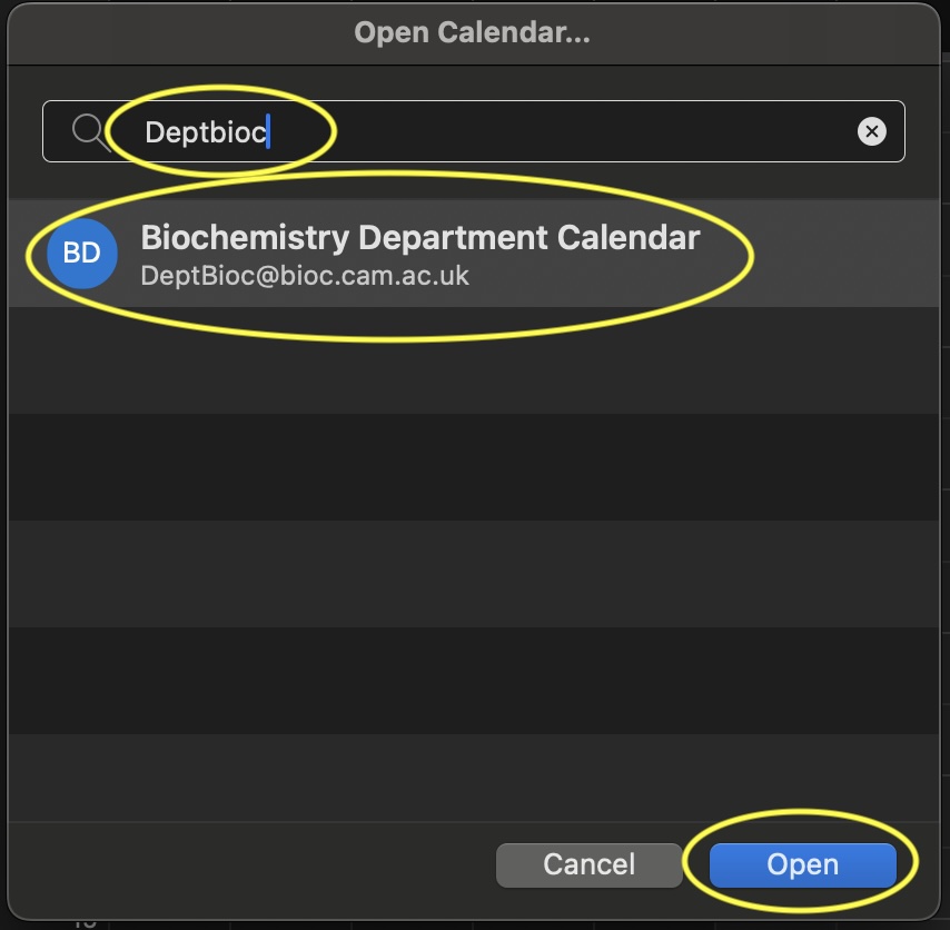 Type DeptBioc, Select Biochemistry Departmental Calendar, click on Open