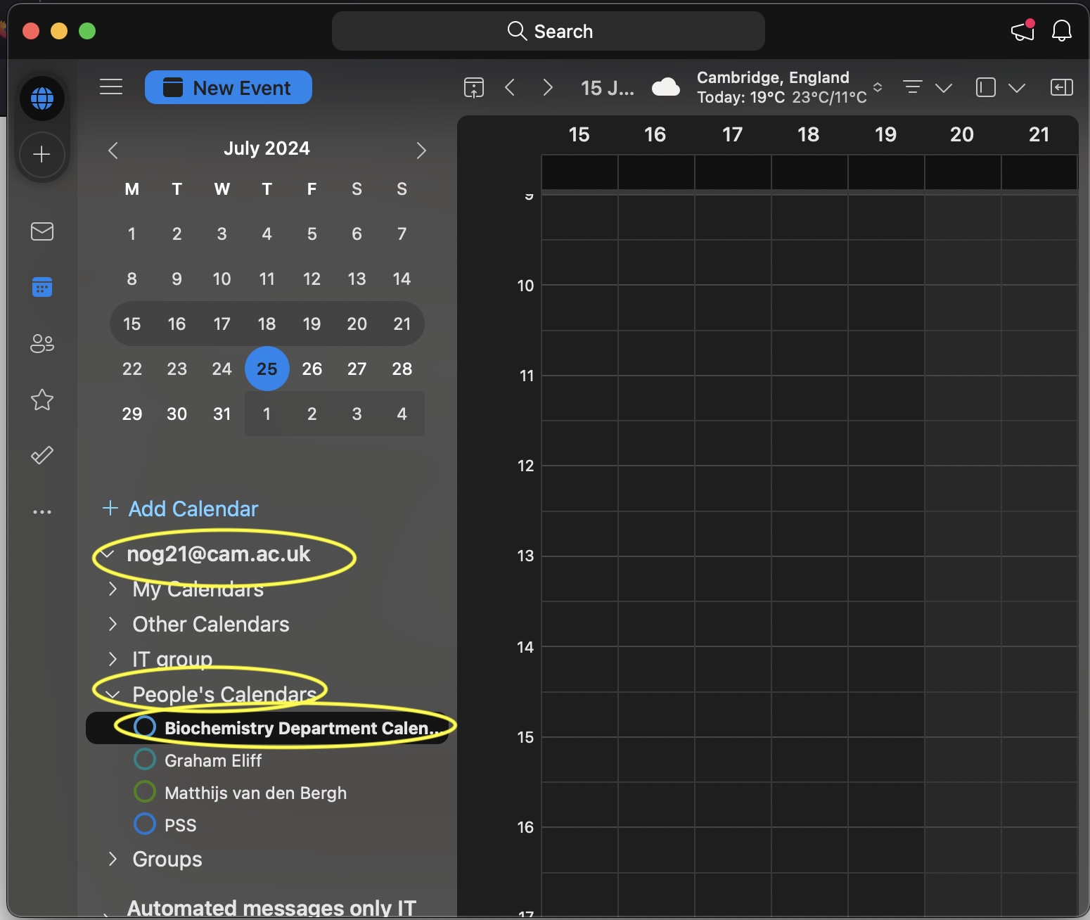 Mac open shared calendar, step 3 the shared calendar is available in within your account, People's Calendars, Biochemistry Department Calendar