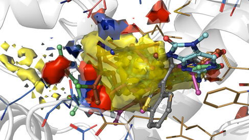 Hotspot map of the DNA-PKcs ATP binding site with inhibitors docked in.