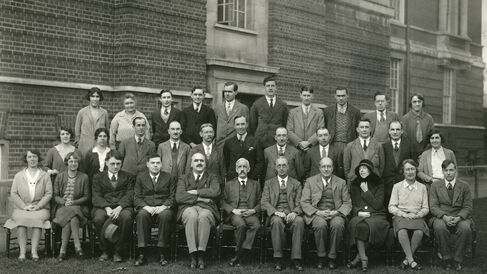 On the front row of this 1930 Department photograph, Frederick Gowland Hopkins is sitting in the middle, Dorothy Needham is second from the left and Marjory Stephenson is second from the right.