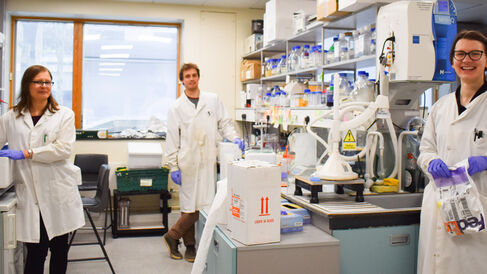 Members of the Luisi Group in the laboratory during lockdown.