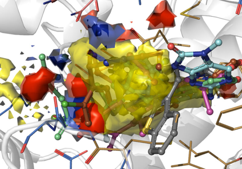 Hotspot map of the DNA-PKcs ATP binding site with inhibitors docked in.