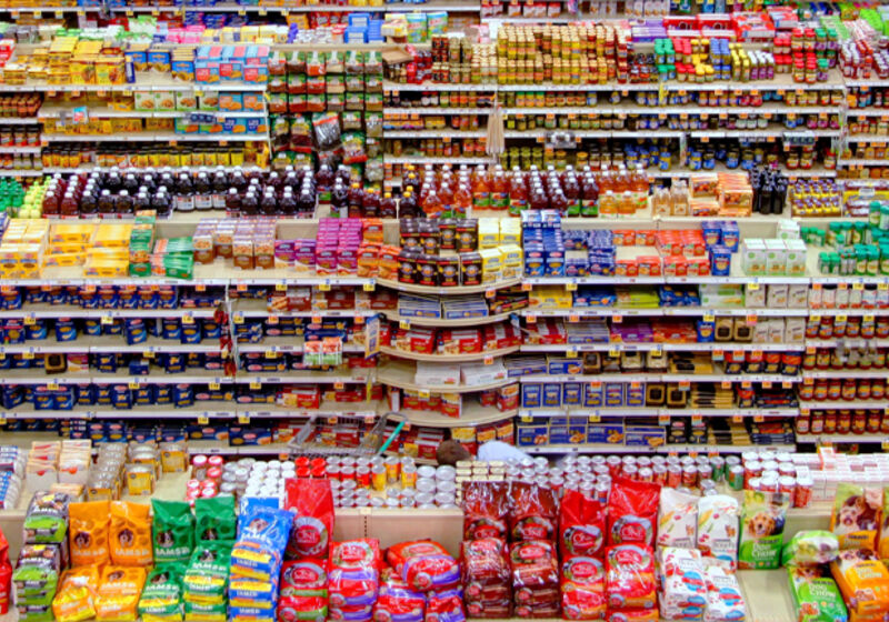 Food packaging in a supermarket.