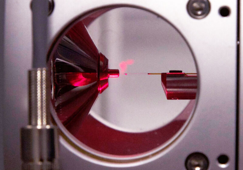 Gas-phase ions being generated in a nano-electrospray ion source.
