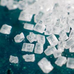 Magnification of grains of refined sucrose, the most common free sugar